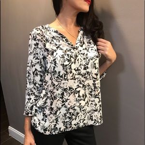 Floral Elegance: Dalia Tops Black White Blush Floral Print Blouse